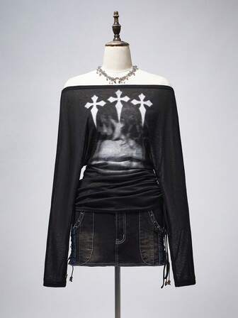 Grunge Punk Kreuz-Silhouette Muster Off-Shoulder Langarm T-Shirt für Frauen, romantischer Punk Stil