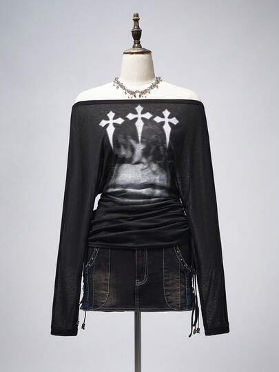 Grunge Punk Cross Silhouette Print Off-Shoulder Long Sleeve T-Shirt For Women, Romantic Punk Style
