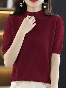 EMERY ROSE 纯色高领优雅通勤时尚短袖针织上衣 - 酒紅色 - 查看 6