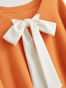 CosyJoli 大码休闲V领蝴蝶结系带宽松套头毛衣，春季/春假 - 橘色 - 查看 5