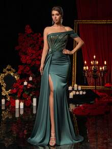 Glamrae 优雅奢华露肩亮片刺绣真丝缎褶裥设计收腰鱼尾裙摆晚礼服，商务正装，宾客礼服，轻盈正式礼服 - 綠色 - 查看 6