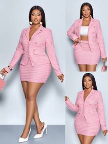 SOLERSUN Plus Size Women's Blush Pink Autumn Elegant Formal Office Two Pieces Set,Long Sleeve Irregular Hem Suit Jacket&Mini Bodycon Skirt Texture Jacquard - Pink - View 1
