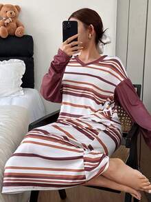 Dream Adore Chemise de nuit ample à manches longues avec encolure en V, rayures décontractées, épaules tombantes pour femmes. Robe de nuit d'hiver, Moo Moo