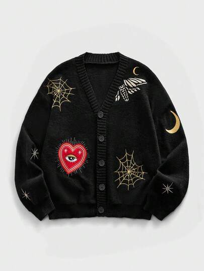 Street Life Herren Kardigans mit Herz-Augen und Spinnennetz Stickerei