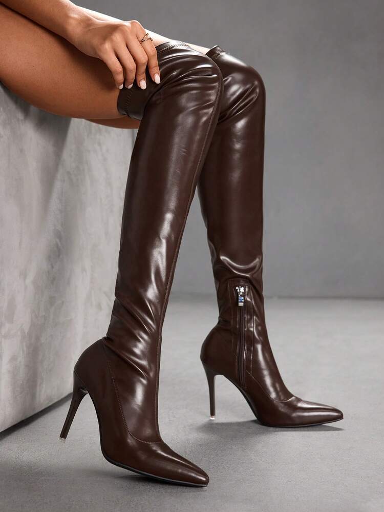 CUCCOO SZL Botas de tacón alto y puntera fina de color café, zapatos versátiles para mujer para fiestas, eventos formales y uso diario, otoño/invierno