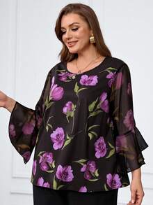 Miaspire 大码女式花卉印花网眼喇叭袖时尚衬衫 - 彩色 - 查看 1