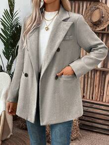 EMERY ROSE Women's Herringbone Turn Collar Double-Breasted Suit Jacket - Grey - View 4