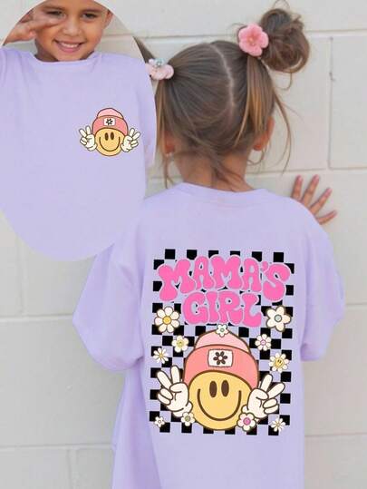 Young Girls Casual Comfortable Fashion Cute Checkered & Face Letter "MAMA'S GIRL" Print Round Neck Short Sleeve T-Shirt, Summer Girls Graphic Tee