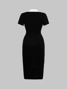 SHEIN MOD 学院风黑白撞色领纽扣前开襟连衣裙 - 黑與白 - 查看 5