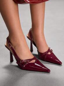 CUCCOO SZL Tacones altos de moda versátiles de uso diario con diseño de hebilla y punta afilada para mujer - Burdeos - Ver 6