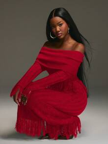 NYA SZN Dress Knit Fringe Bold Sexy Classy ModestY2K Vintage Look Suitable For Commuting Oufits For Women - Red - View 5