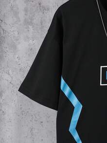 Vacaura 2件套青少年男童休闲黑色和天蓝色亮片印花短袖T恤和裤子套装，适合春夏户外活动