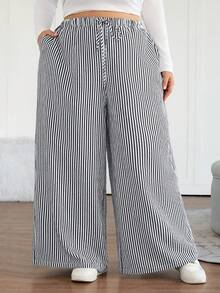 SHEIN CURVE+ Quần ống rộng kẻ sọc cạp chun co giãn cỡ lớn cho nữ, quần ống rộng kẻ sọc thường ngày cho công sở/2026/Năm mới - Đen và trắng - Xem 7