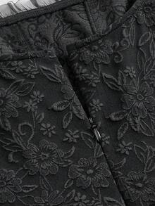 SHEIN MOD Solid Knot Detail Jacquard Cami Dress,Black Jacquard Mini Dress, Square Neck, Flare Skirt, Wide Strap, Party, Wedding, Textured Fabric, Ribbon Tie Detail, Elegant, Sleeveless, Classic, Evening, Summer, Floral, Vintage, Youthful, Statement, Soft, Women, Chic, Fit And Flare - Black - View 7