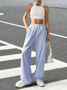 SHEIN EZwear 女式休闲条纹格子细节阔腿直筒裤 - 藍色 - 查看 4