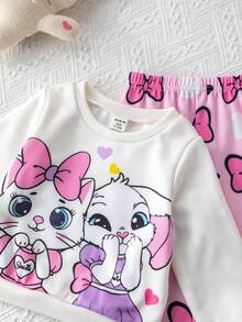 SHEIN Babygirl Cute Casual Cartoon Print Long Sleeve Sweatshirt & Elastic Waist Pants Set - Beige - View 6