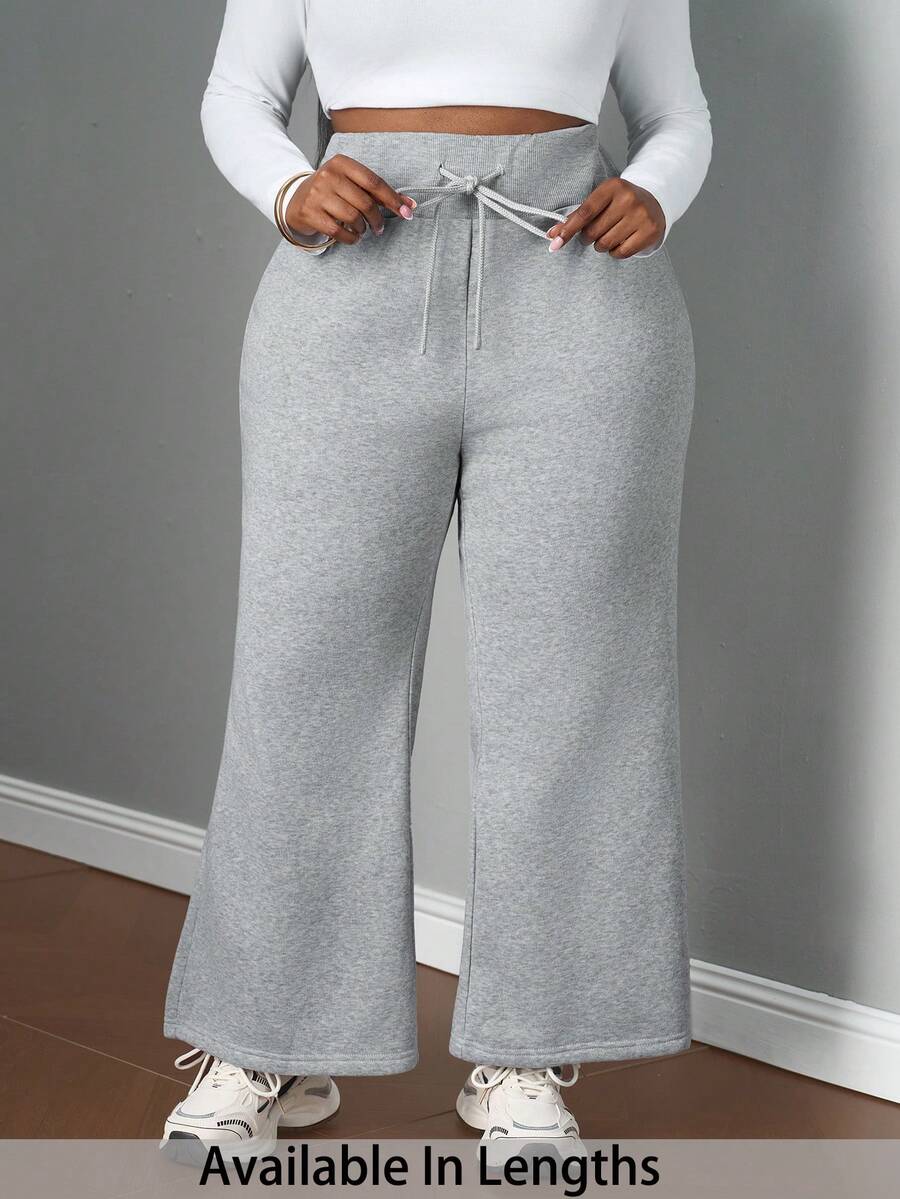 SHEIN PETITE CURVE 大码休闲低腰抽绳弹力运动裤喇叭裤保暖内衬复合绒面料运动裤，适合秋冬季穿着 - 灰色 - 查看 1