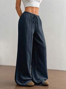 Flirla 女款超低腰休闲棉质直筒裤 - 藏蓝色 - 查看 6