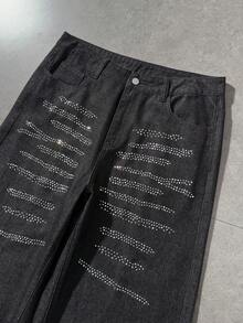 ROMWE MEN Men's Rhinestone Embellished Pocket Wide Leg Loose Casual Jeans - Black - View 4
