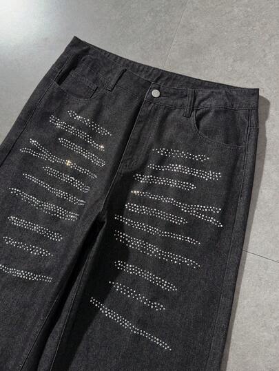 Jeans casuales de pierna ancha y holgados con bolsillo con adornos de rhinestone para hombres