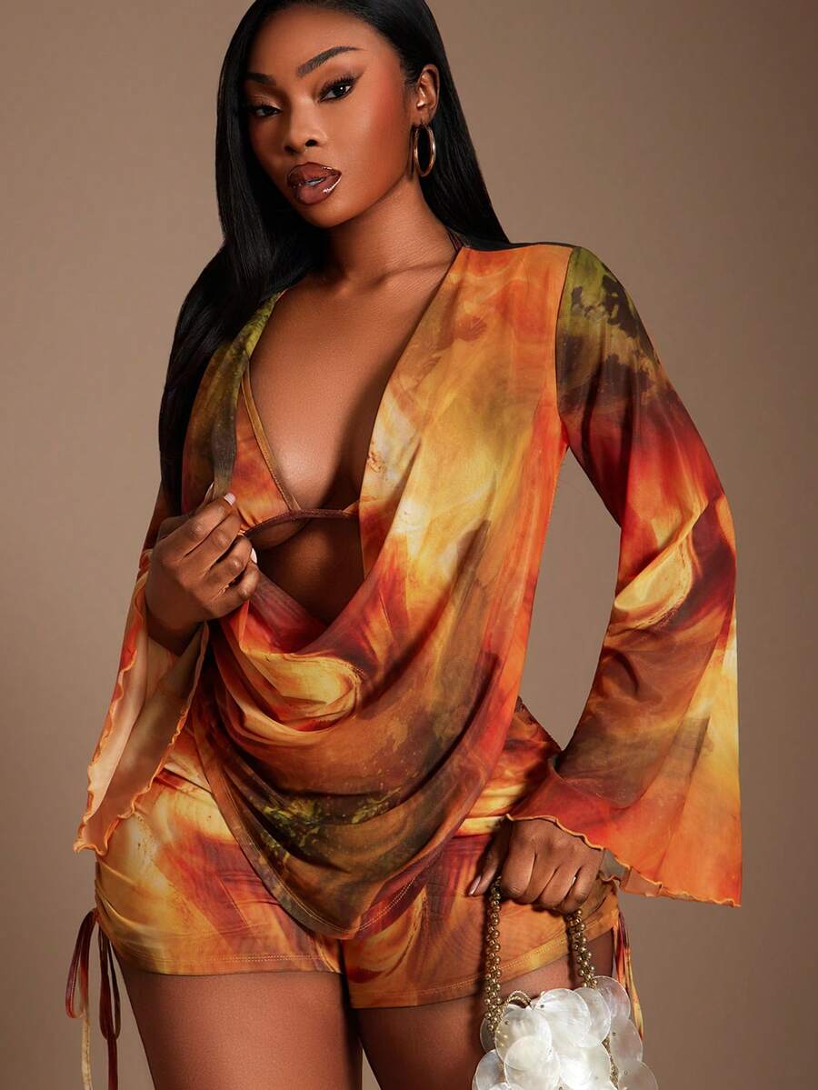 Radiana Plus Size Women's Rust Orange Marble Tie-Dye Mesh 3Pcs Set,Summer,Elegant,Vacation,Wedding Ninang,Holiday Beach Bikini Cover Up Shorts Outfit Fall - Multicolor - View 1