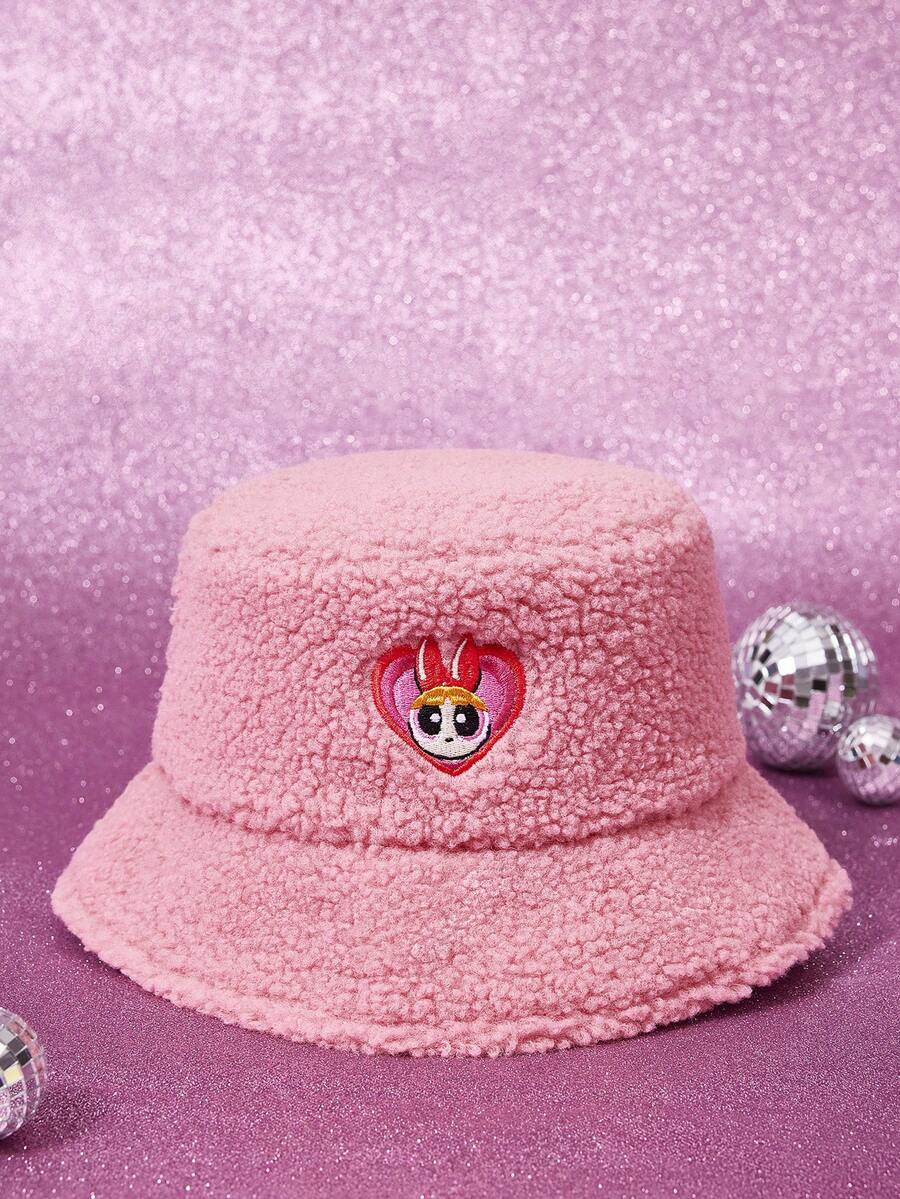 THE POWERPUFF GIRLS X SHEIN 1pc Blossom Embroidered Pink Plush Bucket Hat, Fashionable - A - View 1