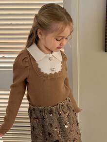 DAZY Young Girl French Peter Pan Collar Layering Sweater, Puff Sleeve 2 In 1, Autumn/Winter - Khaki - View 2