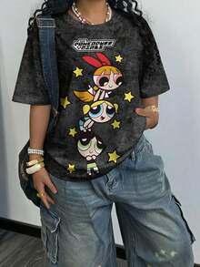 THE POWERPUFF GIRLS X SHEIN Plus Size Women Summer Casual Street Chic Cute Cartoon Letter Graphic Washed T-Shirt - White - View 5