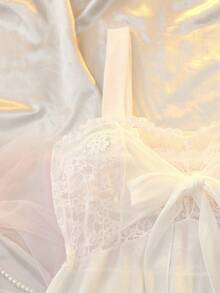 DelicateAllure Váy ngủ ren lưới chắp vá gợi cảm cỡ lớn trang trí nơ, ngày lễ tình nhân - trắng - Xem 8