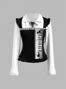 ROMWE Kawaii 可爱猫咪与音符印花领结长袖女式衬衫 - 彩色 - 查看 1