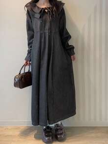 FRIFUL Women's Casual Ruffle Hem Front Tie Denim Dress, Autumn