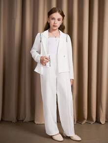 SHEIN Girls' Elegant White Suit Set With Handmade Crystal Decor, Suitable For Daily Wear And Commuting - White - View 3
