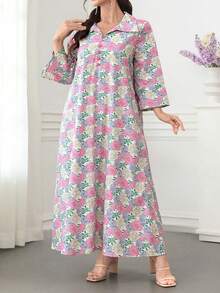 Al Najma Váy cotton tay loe cổ bẻ họa tiết hoa - Nhiều màu - Xem 5