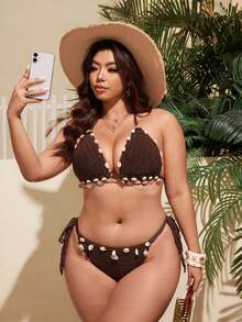 Swim Vcay 2026 Women's Plus Size Swimwear Set,Boho Shell Decor Crochet Beach Bikini,Summer Holiday Vacation Outfit Swimwear - Brown - View 6