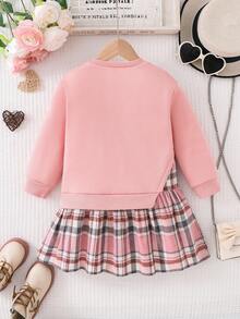 SHEIN Young Girl Casual Commuting School Style Plaid Hem 2 In 1 Sweatshirt Dress, Autumn/Spring - Pink - View 6