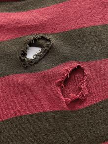 ROMWE MEN Grunge Punk 男士不对称破洞条纹休闲宽松长袖毛衣，冬季款 - 紅色 - 查看 5