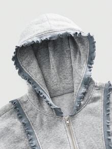 ROMWE MEN Street Life Sweat-shirt-shirt à capuche zippé avec garniture à volants, manches longues, style décontracté pour hommes