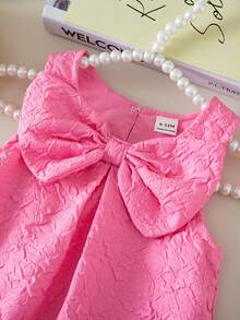 SHEIN Baby Girls' Elegant Sleeveless Bow Decor Ruffle Mesh Dress, Minimalist Fashion For Spring/Summer - Pink - View 4