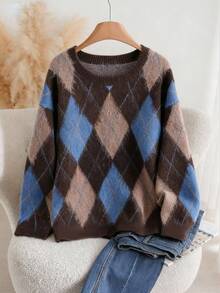 Franclia Áo len dệt kim dáng rộng họa tiết kim cương cổ điển Jacquard màu tương phản cỡ lớn dành cho nữ - Màu xanh lam - Xem 1