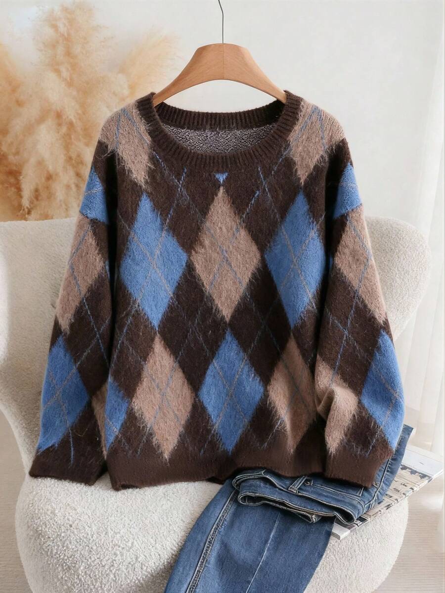 Franclia Áo len dệt kim dáng rộng họa tiết kim cương cổ điển Jacquard màu tương phản cỡ lớn dành cho nữ - Màu xanh lam - Xem 1