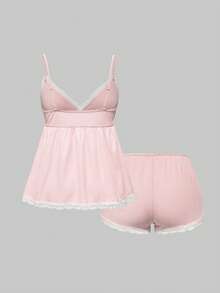 ROMWE 女士罗纹蕾丝吊带背心和短裤休闲睡衣套装，情人节礼物