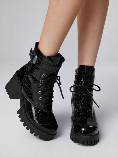 Grunge Punk Stivaletti alla caviglia da donna con design a fibbia, suola spessa, moda versatile per uso quotidiano, tacco alto