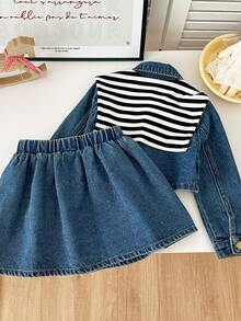 Genkimix Kids Jaket Denim Biru Vintage Kasual, Rok Mini Denim Model A-Line, dan Selendang Bergaris, Set 3 Potong Modis dengan Desain Gaya Kampus, Cocok untuk Gadis-Gadis Bergaya - Medium Wash - View 2