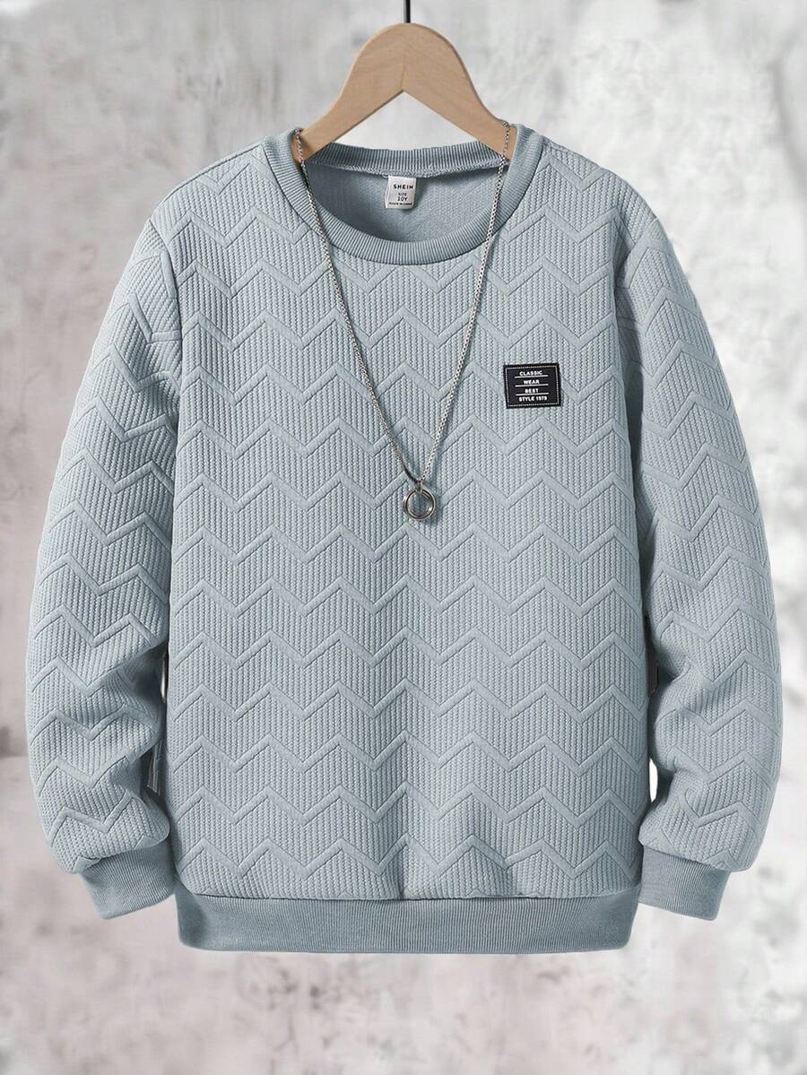 SHEIN Vacaura 青少年男孩字母图案圆领长袖几何面料休闲运动衫 - 藍色 - 查看 1