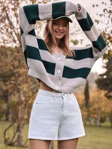Women's Loose Fit Dropped Shoulder Long Sleeve Striped Casual Knit Cardigan, Autumn/Winter - Multicolor - View 6