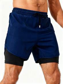 Manfinity Fitness 男友风格男士抽绳腰部二合一运动弹力短裤，带手机口袋健身短裤男友风格男士短裤男友风格男士篮球短裤洗手液学校