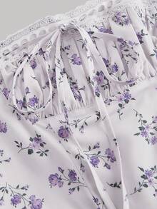 SHEIN MOD Square Neck Lace Front Panel Gathered Back Tie Floral Dress, Party Dress, Brunch Dress, Vacation Dress, Banquet Dress, Valentine's Day Dress, New Year's Dress,Beach Vacation Outfits - Multicolor - View 3