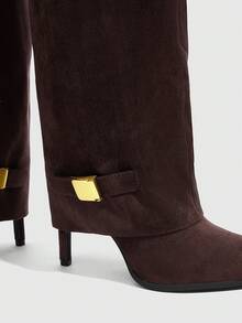 CUCCOO SZL Sepatu Bot Wanita Ujung Lancip dengan Dekorasi Logam, Modis, Hak Tinggi di Atas Lutut, Cocok untuk Natal dan Musim Semi. - Coffee Brown - View 3