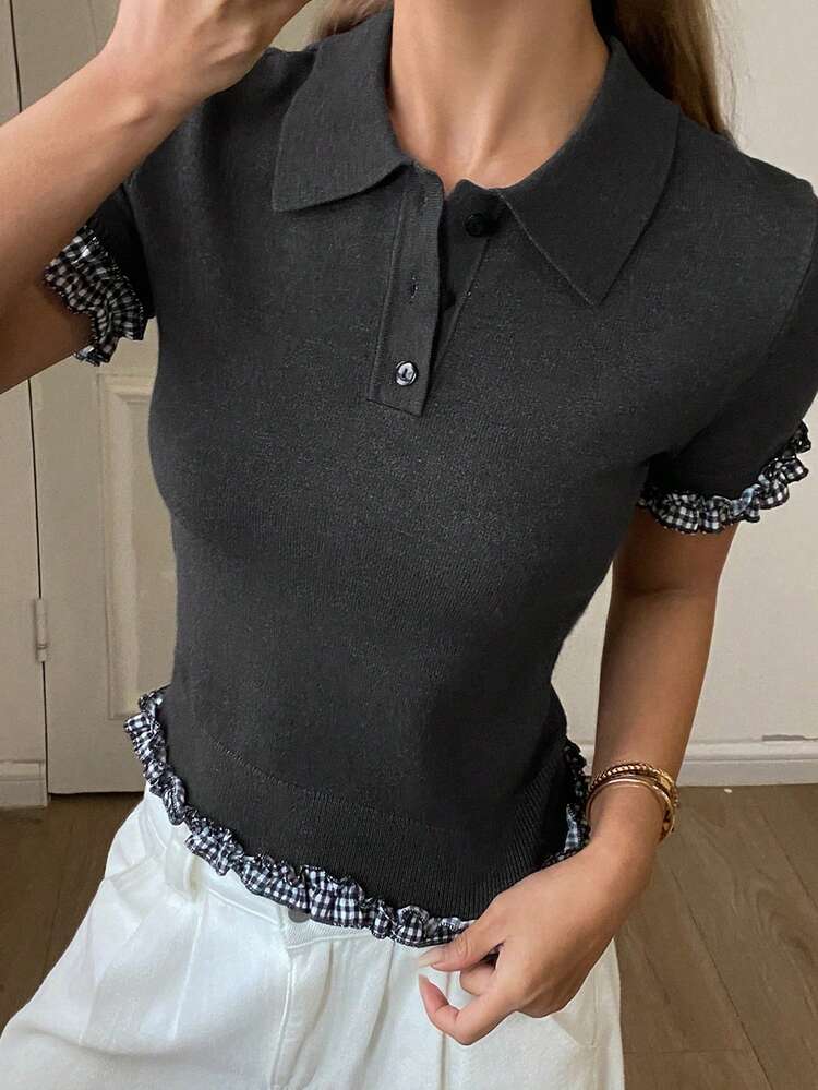 Women's Elegant Formal Patchwork Plaid Ruffle Trim Polo Collar Short Sleeve Knit Top, Suitable For Spring And Autumn