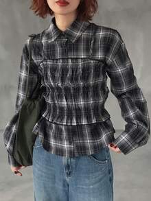 FRIFUL 女士格子长袖纽扣衬衫和褶裥吊带背心休闲两件套